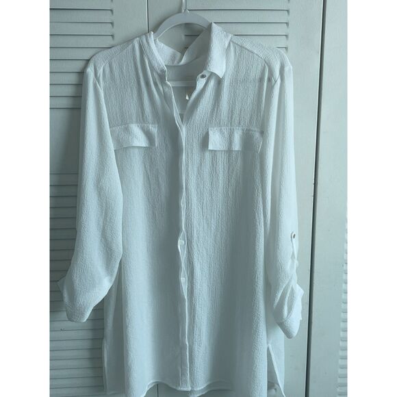 Chico's White Blouse Sz 2 (L/12) Button Down Crinkle Texture Roll-Tab Sleeves - Picture 1 of 5